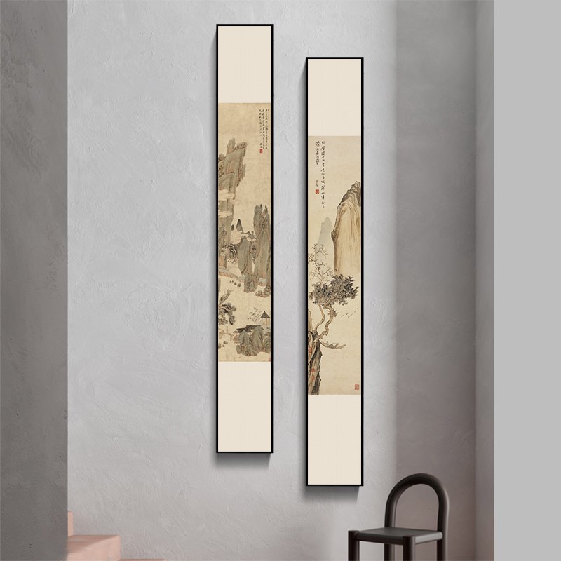 网红新中式装饰画玄关走廊过道楼梯室背墙壁画景竖幅细长条挂画茶图片