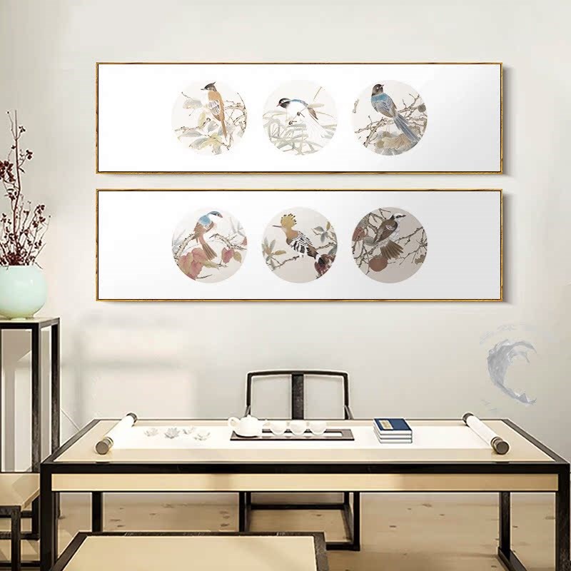 新中式花鸟装饰画客厅竖幅挂画圆形图案卧室书房玄关画酒店样板房图片