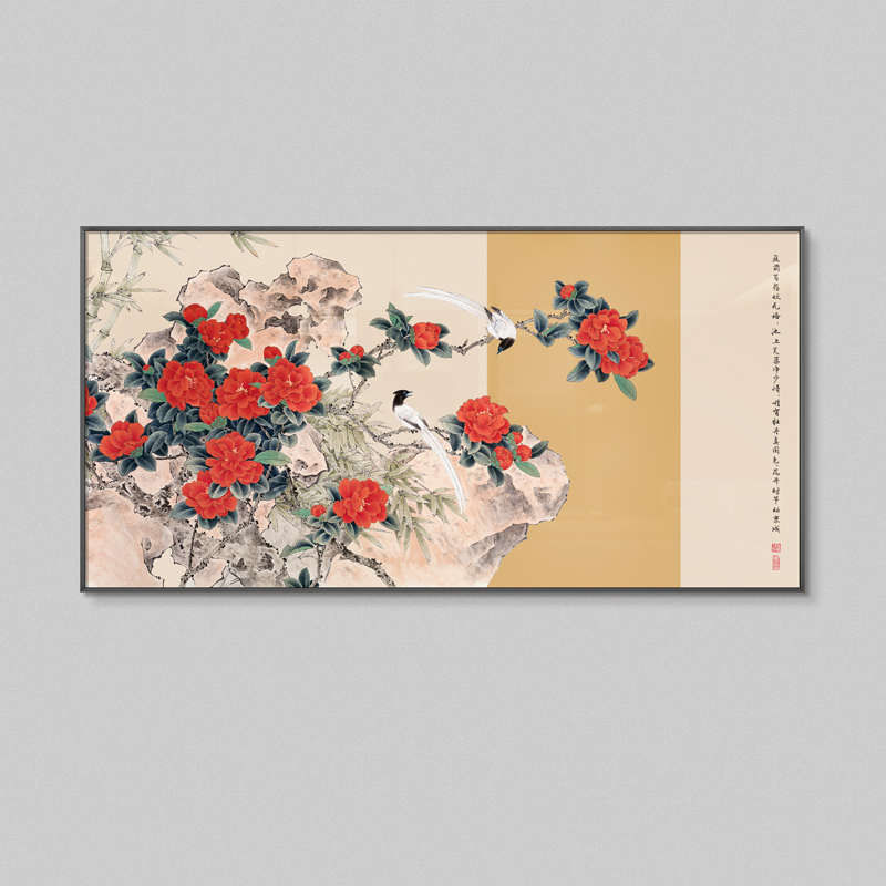富贵横幅卧室牡丹新花鸟茶室壁画客厅背景餐厅中式装饰画墙挂画图片