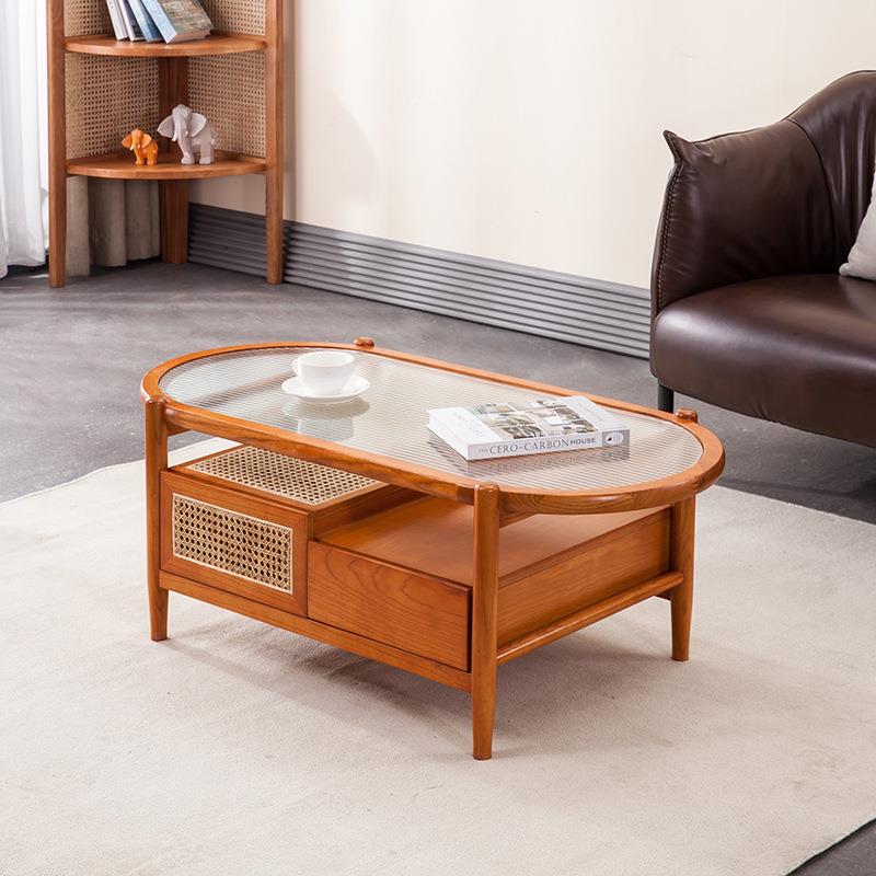 实木藤编茶几小户型北欧客厅北欧茶台现代简约原木茶桌抽屉实木