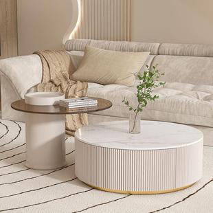 圆形茶几2022新款 风玻璃边几组合轻奢现代客厅小户型岩板茶桌 法式