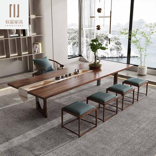 现代茶桌椅组合简约新中式办公室一体黑胡桃原实木大板泡茶书餐台