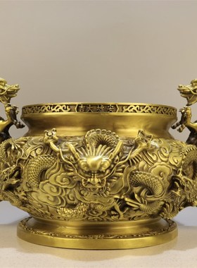 纯铜香炉摆件双龙耳九龙平底香炉家用佛堂寺庙供养上香用具大号