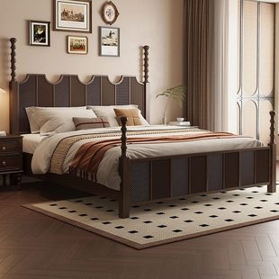 法式 婚床主臥床古風公主床 復古羅馬柱黑色全實木床輕奢中雕花美式