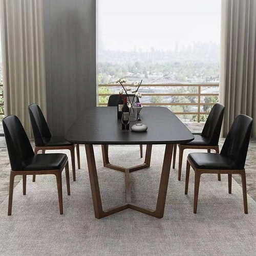 火烧石餐桌椅组合现代简约家用小户型长方形实木纯黑色火山石饭桌