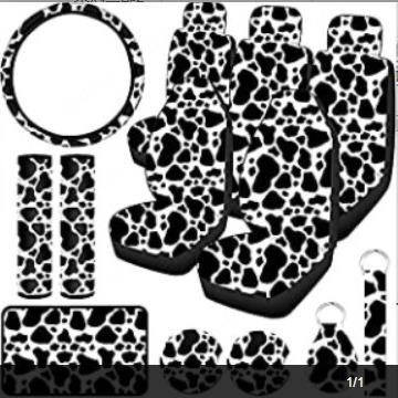 汽车通用黑白奶牛纹印花毛绒前座座椅套15件套加小配件