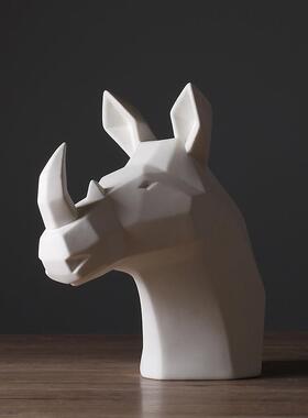 素烧抽象北欧风动物白色犀牛头摆件现代简约客厅软装家居装饰品