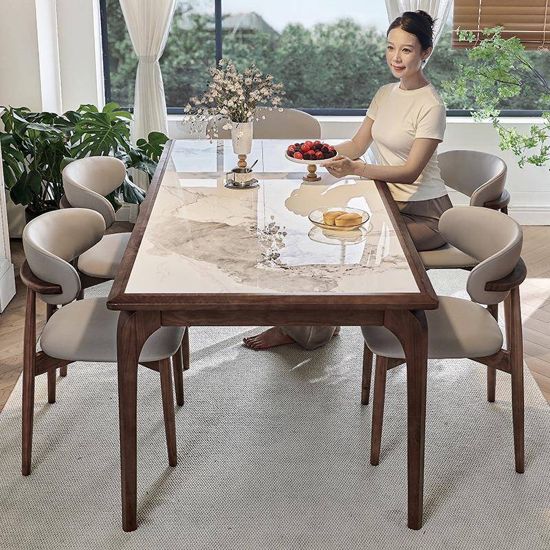 新中式实木岩板餐桌家用胡桃木色白蜡木轻奢亮光岩板长方形餐桌椅