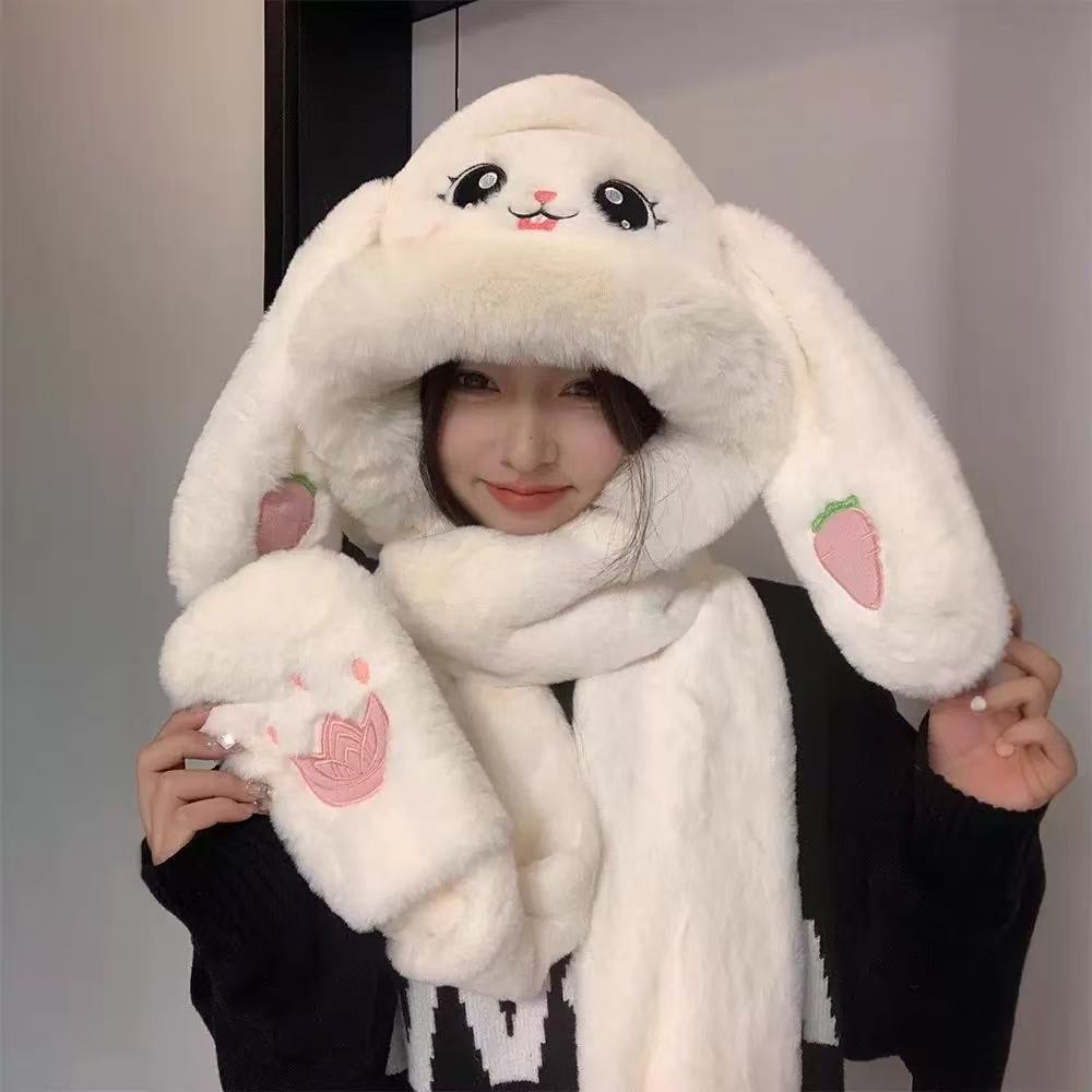 珀小棉可爱兔子保暖三件套软萌保暖围巾手套套装防风显脸小帽子