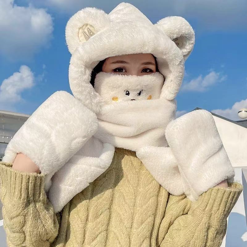 珀小棉毛绒帽子围巾手套一体女冬季保暖连帽可爱女生帽子