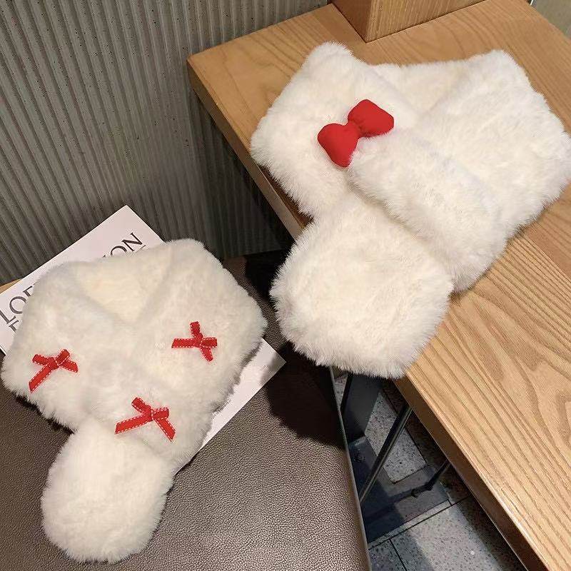 珀小棉甜美专属蝴蝶结围脖女冬季仿兔毛保暖围巾围脖