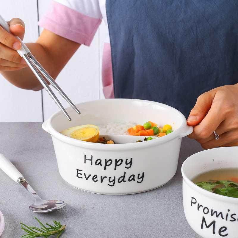 陶瓷分格饭盒可微波炉加热带盖圆形三格碗便当盒上班族带饭保