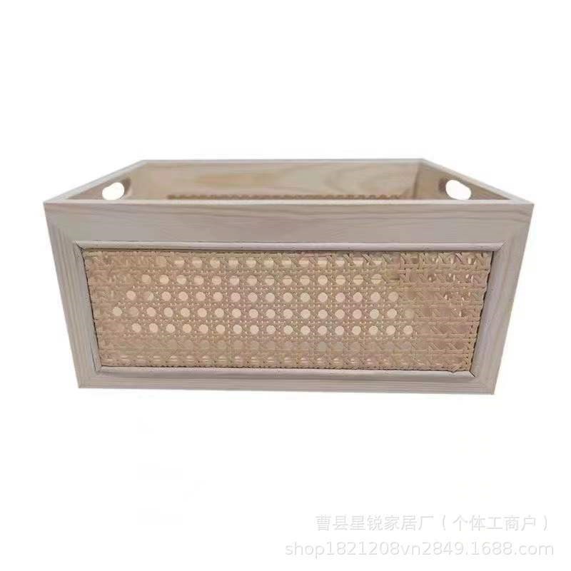 简约无盖实木藤编收纳筐家用桌面杂物松木储物篮可手提木质置物筐