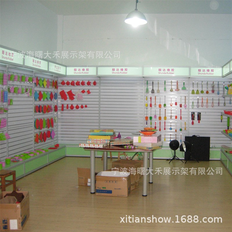 宁波工厂外贸公司单面靠墙带灯箱槽板展示架五金文具杂货陈列柜