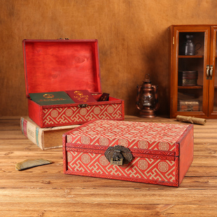 中式复古桌面证件信件收纳盒带锁木质印花首饰盒古玩收藏百宝箱子