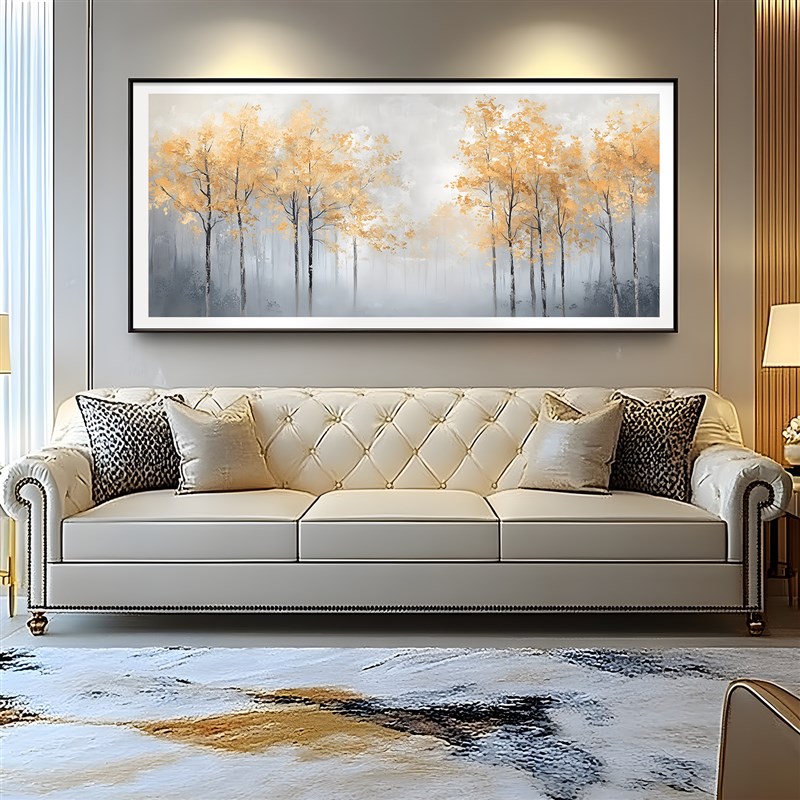 金林幽梦美式轻奢客厅手绘装饰画抽象发财树油画金箔横版高级挂画图片
