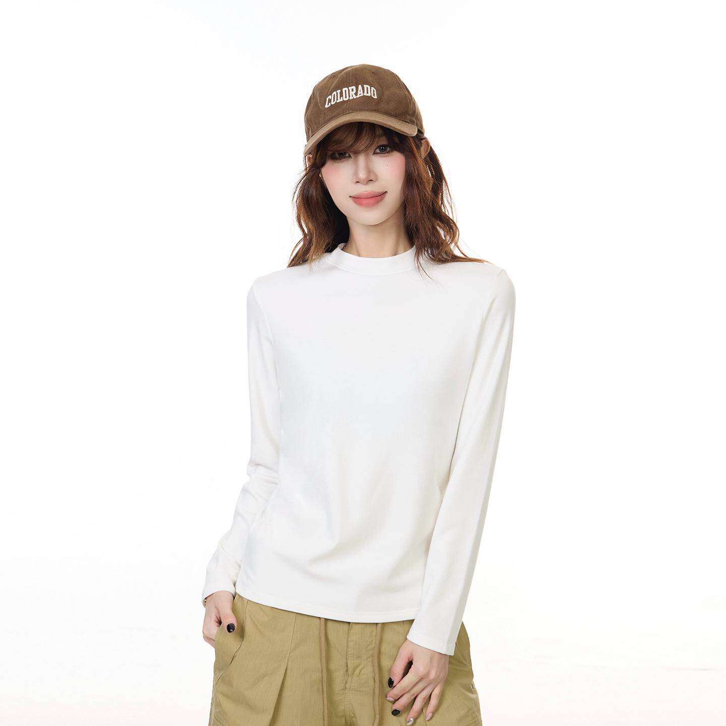 白色立领长袖T恤女2026早春新款简约百搭内搭小个子设计感打底衫