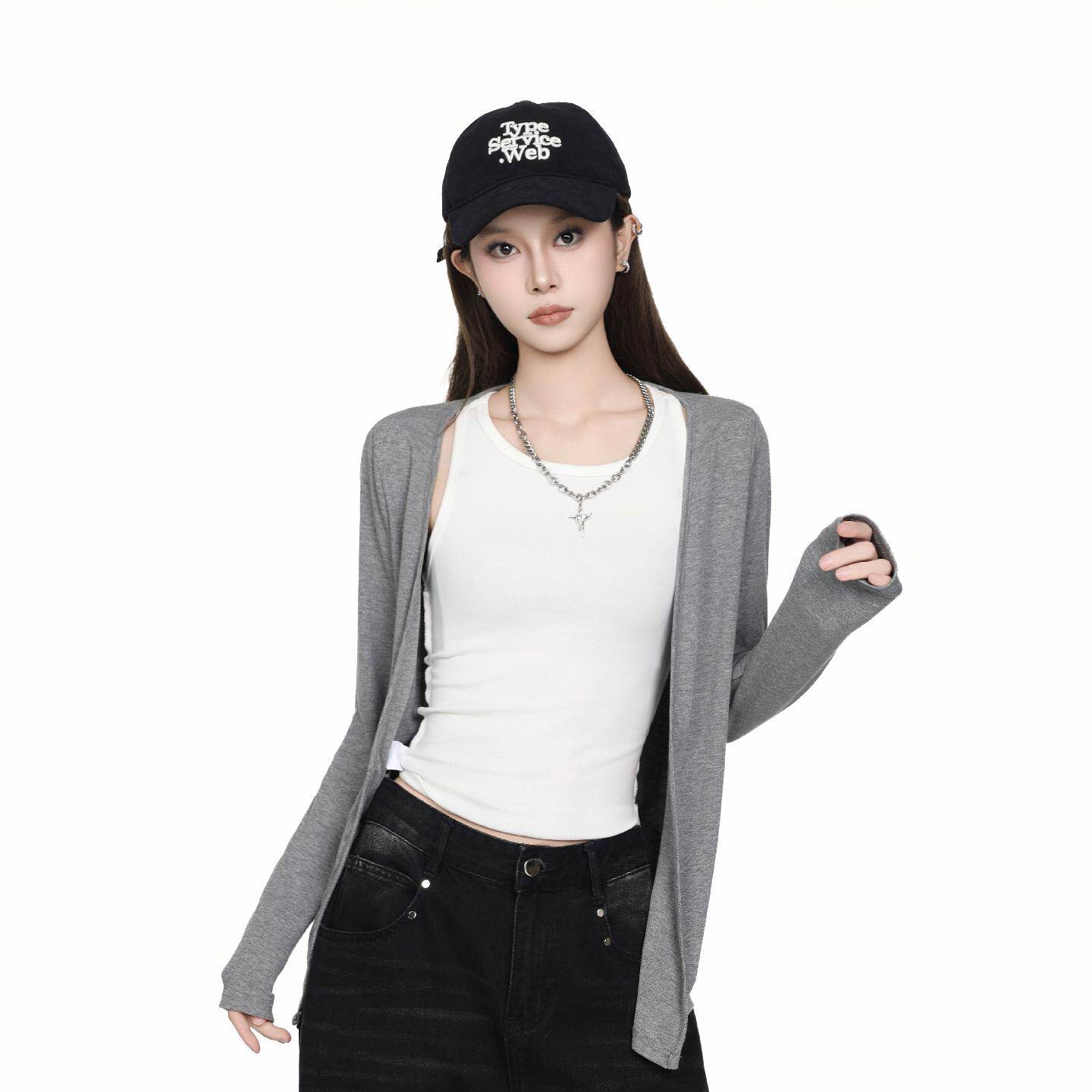 灰色针织打底衫女2026春季新款小个子简约百搭长袖针织衫防晒服