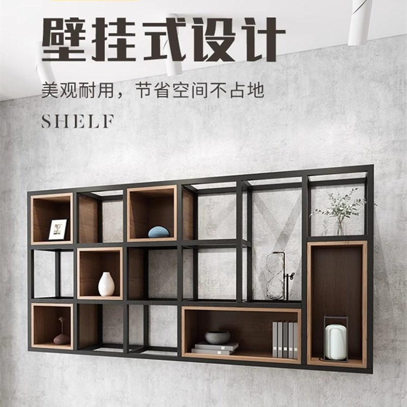 loft铁艺墙上置物架多层格书架实木墙面壁挂餐厅装饰工业风置物架