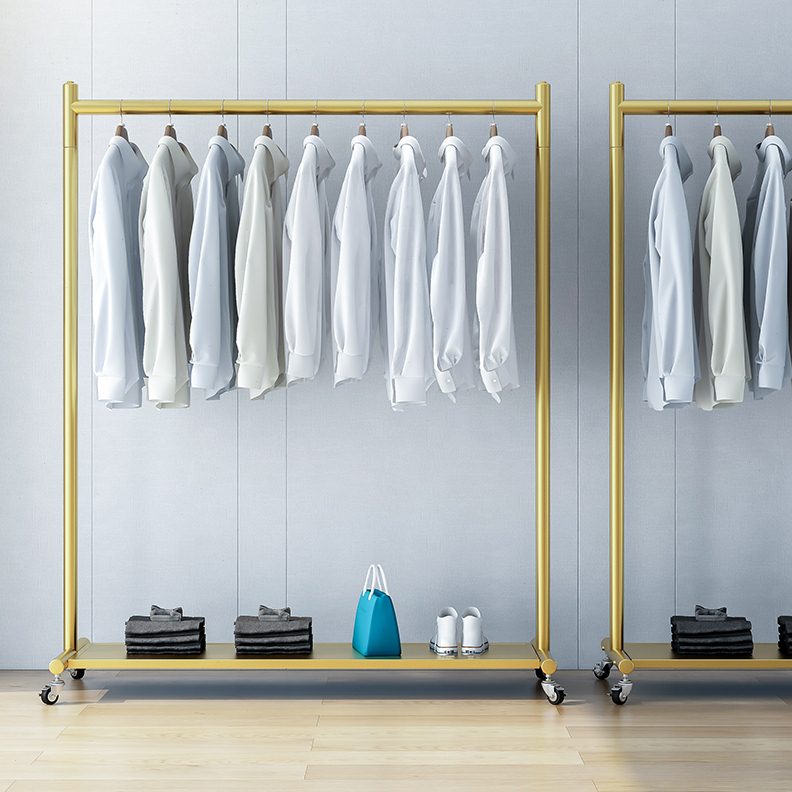卧室现代收纳架落地挂衣架带衣帽架服装展示架多功能轮子简约金属