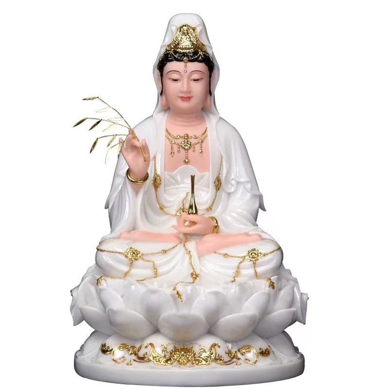 观音菩萨佛像汉白玉观世音家用坐莲南海观音娑婆三圣神像供奉摆件