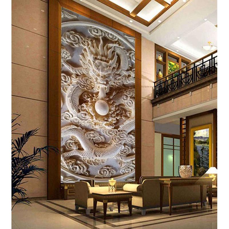 8D立体浮雕背景墙壁纸3D玉雕龙玄关墙纸定作龙纹图案大型装饰壁画图片