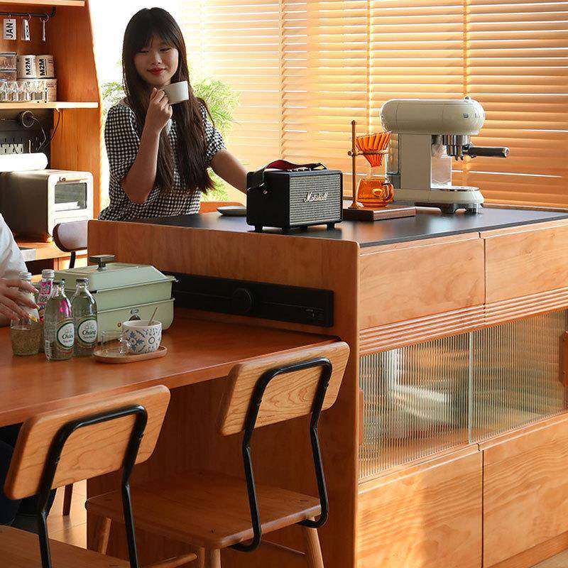 灵动岛台餐桌一体可伸缩日式岩板开放式厨房吧台实木餐边柜储物柜