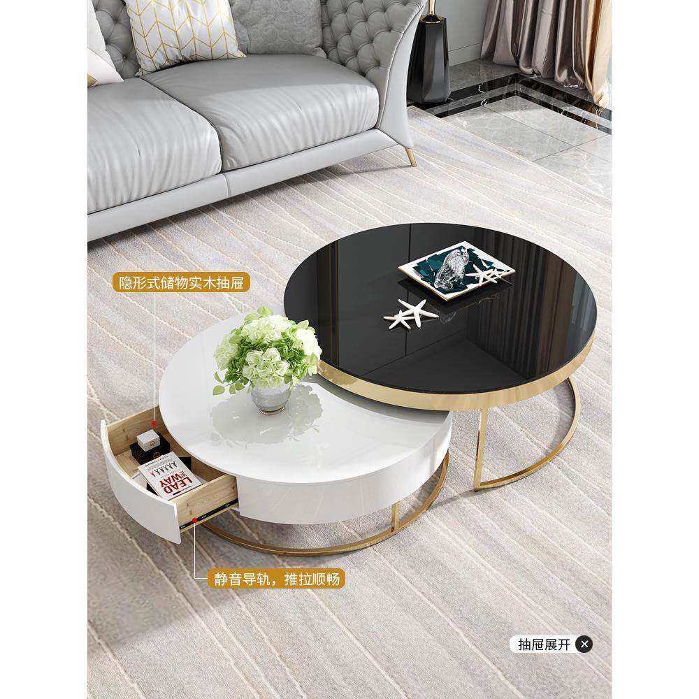 北欧轻奢镀金不锈钢大理石茶几简约大小户型客厅高低抽屉圆形茶几