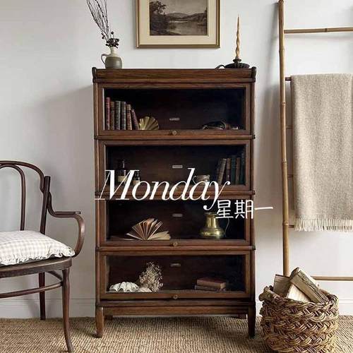 美式复古书柜家用书柜置物柜带玻璃门实木一体整墙置物柜