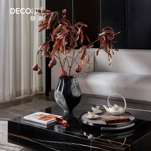 家饰新中式设计客厅茶几装饰盖碗云纹居盘木银盘染托茶具摆件