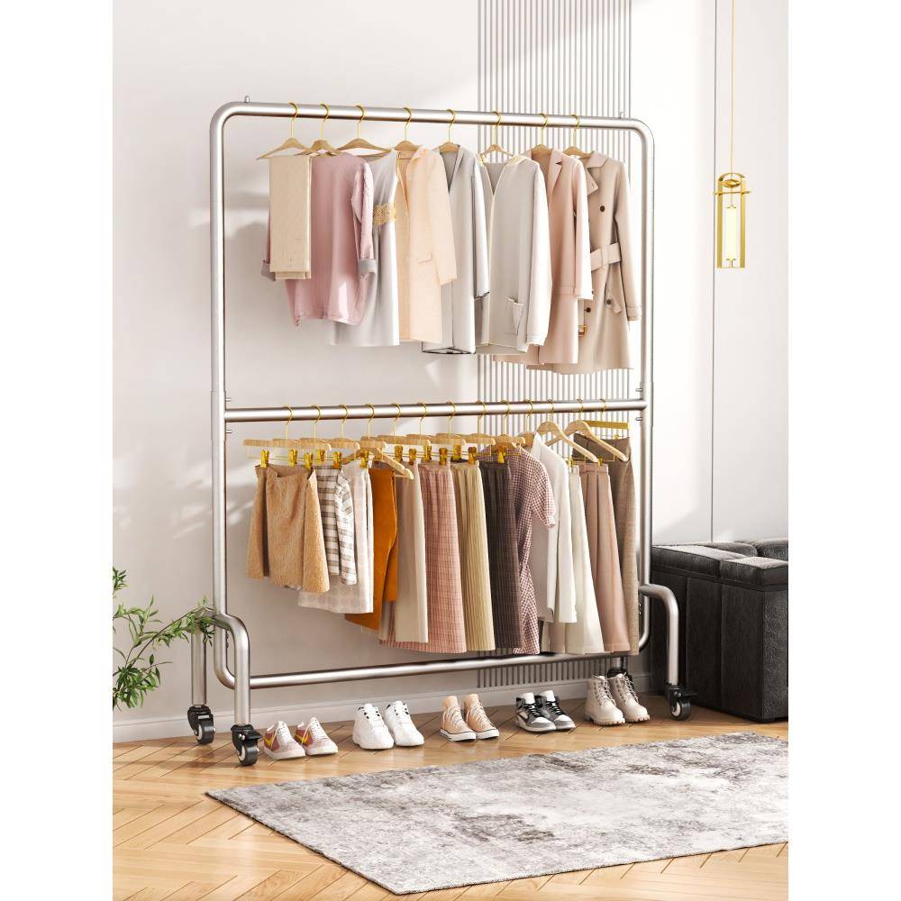 cs服装店不锈钢双层拉丝童装女装落地式挂衣架可移动单杠展示衣服