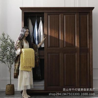 小美式乡村全实木移门衣柜简约美式风格复古双门衣柜推拉门衣橱