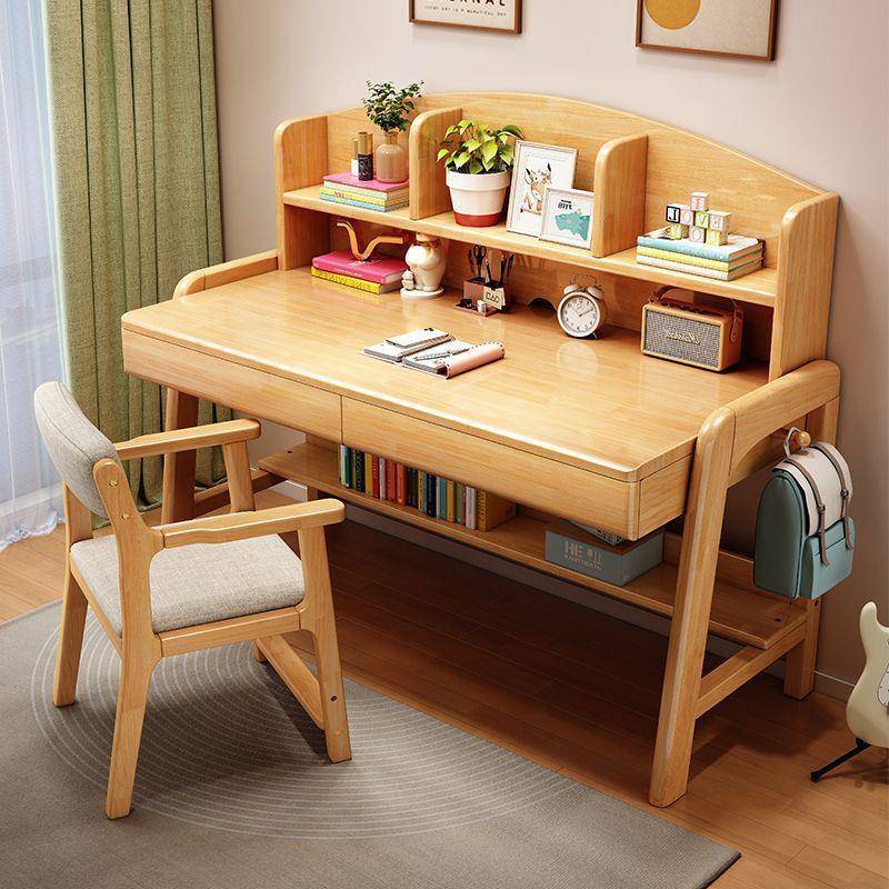 家用实木书桌椅套装书架一体学生升降学习写字桌卧室办公电脑桌子