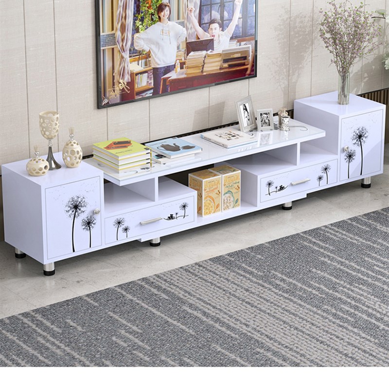 电视柜茶几组合印花简约现代小户型钢化玻璃客厅伸缩简易电视机柜