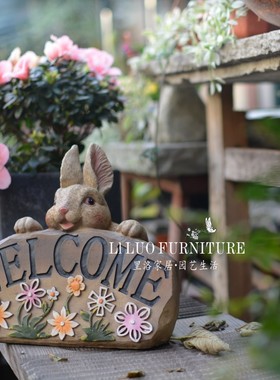 户外可爱兔子摆件创意动物花园wee欢迎牌田园工艺装饰杂货