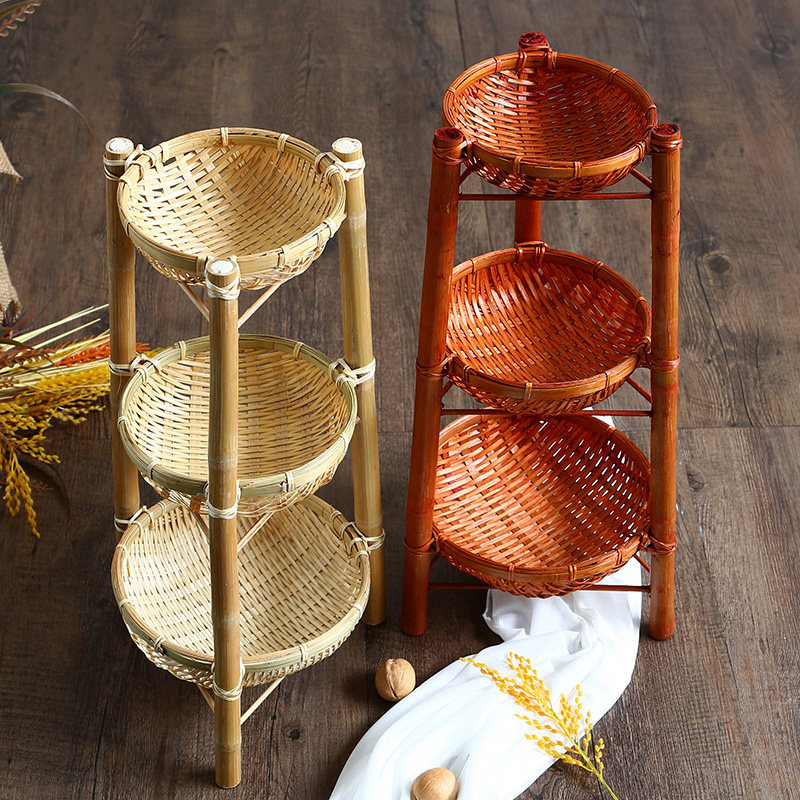 民间非遗手工艺篮子 三层竹篮 自助餐食品收纳架立式瓜果篮高