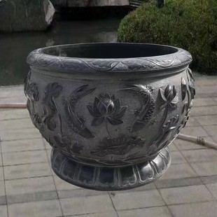 青石鱼缸花盆庭院石缸石头水缸石雕荷花鱼圆缸仿古大石盆石槽水景