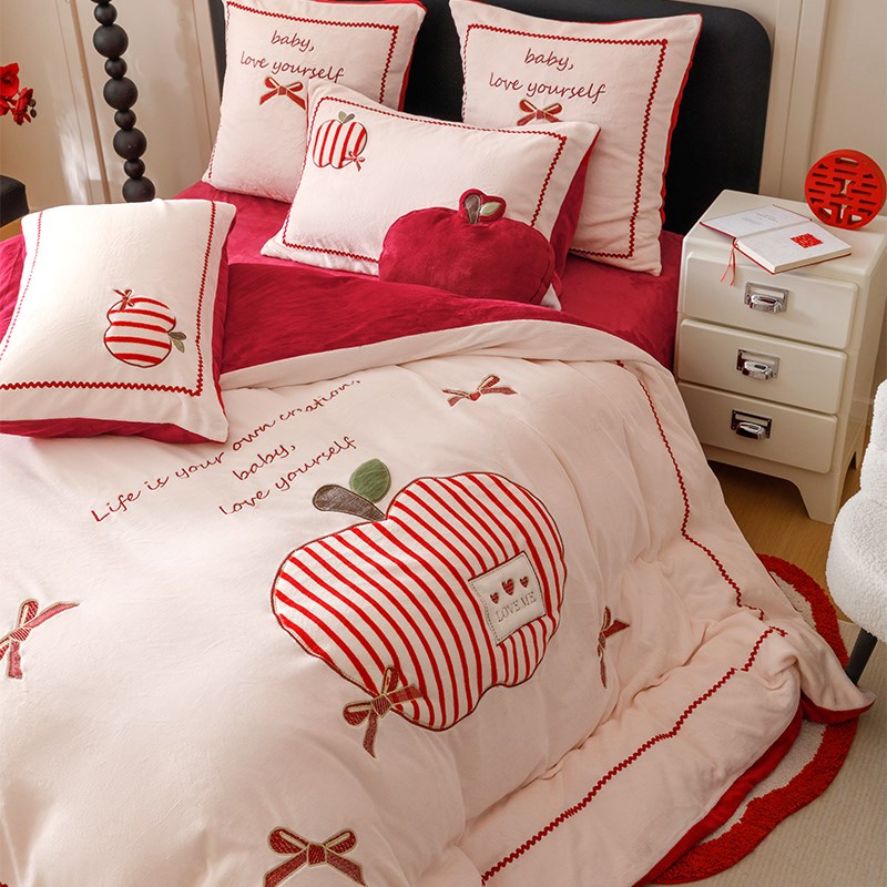 平安喜乐冬季婚庆加厚保暖喜庆红色结婚床单床笠