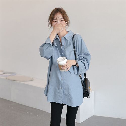 轻松不腻~孕妇网红衬衫春秋款2022新款职业休闲中长款开衫上衣潮