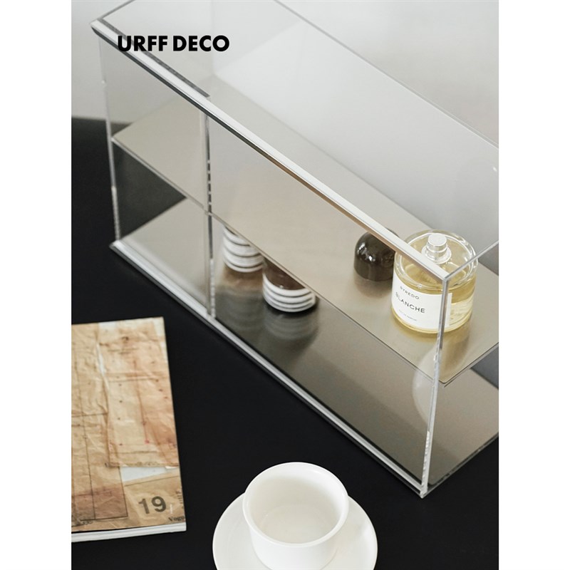 URFF DECO极简不锈钢防尘推拉门收纳架工业风桌面多层置物展示