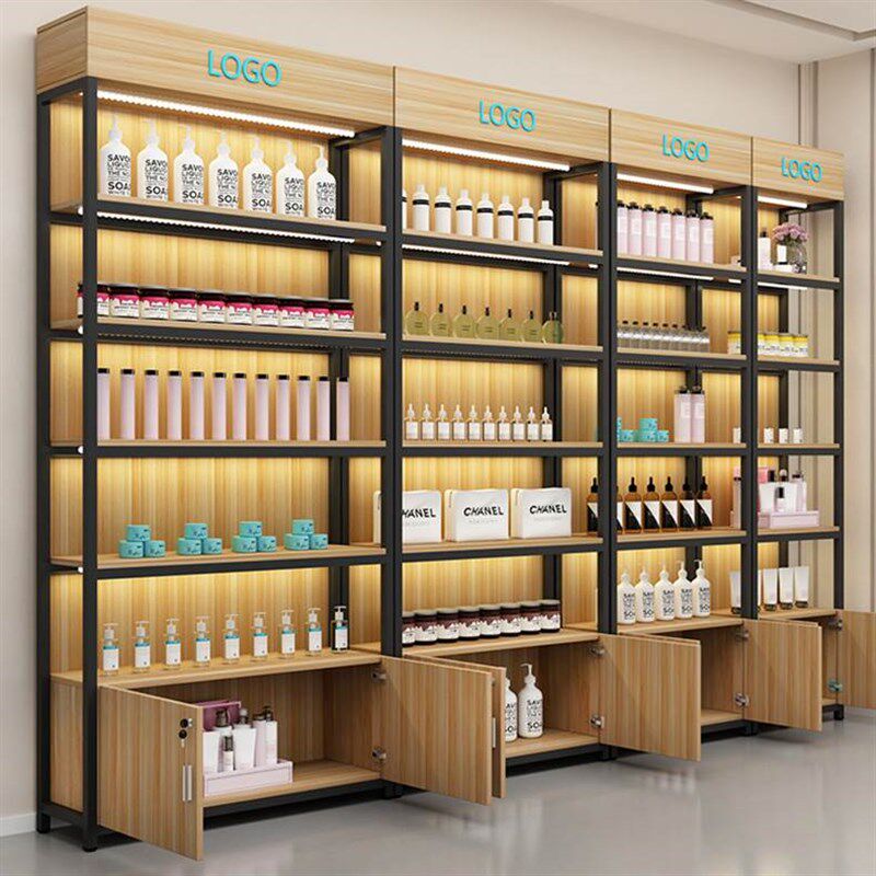 简约化妆品展示柜 产品陈列架带柜 组合置物架落地多层母婴店货柜