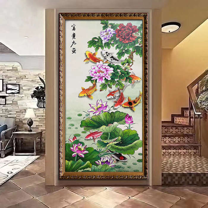 纯手绘九鱼图油画山水风景画装饰画挂画欧式中式客厅玄关油画风景图片