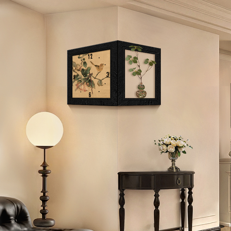 中式复古转角时钟玄关装饰画2024新款高级感挂钟画带灯客厅钟表画