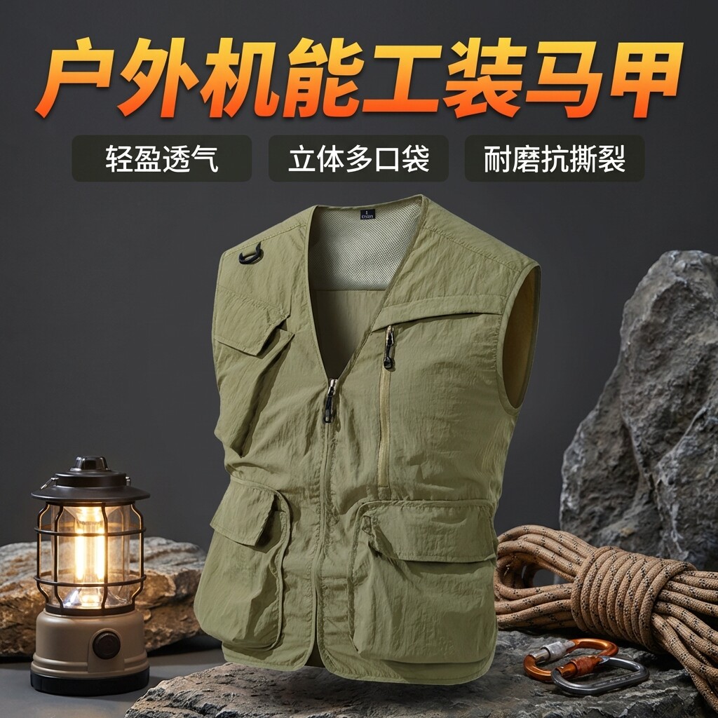户外薄款大码坎肩马甲定制印logo摄影导演多口袋大码钓鱼背心男