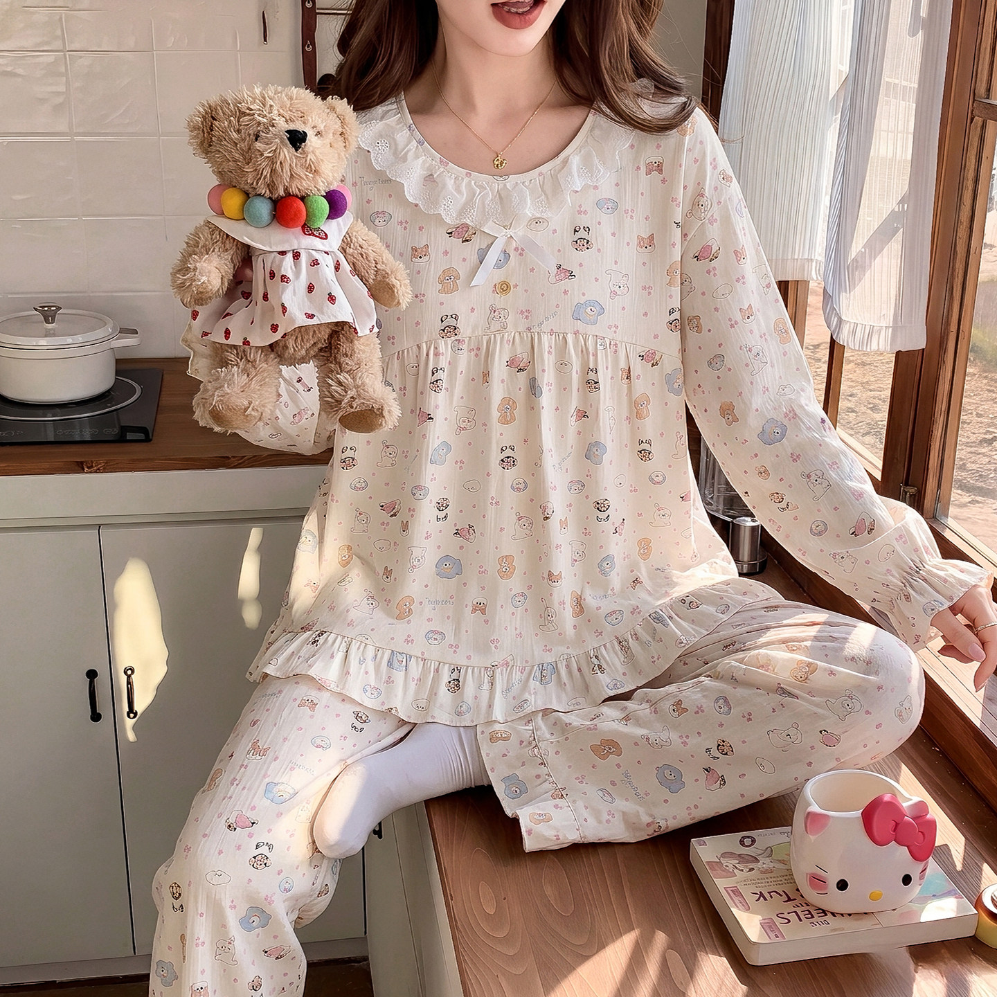 春秋睡衣女长袖云朵棉圆领家居服
