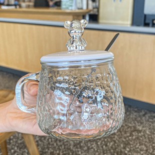 高颜值可爱小熊带盖勺耐热玻璃水杯马克杯女生办公室咖啡杯花茶杯