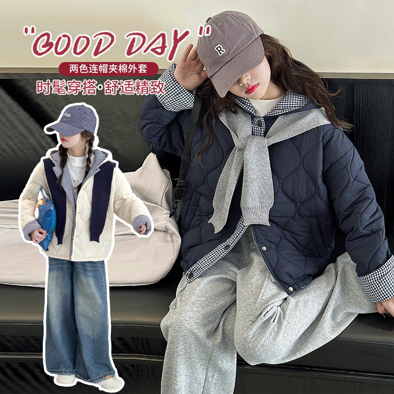 女童棉服秋冬装2025新款洋气时髦轻薄连帽棉衣女大童加厚夹棉外套