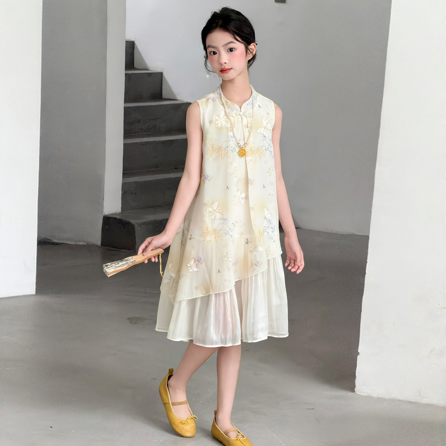 女童夏季新中式碎花旗袍连衣裙