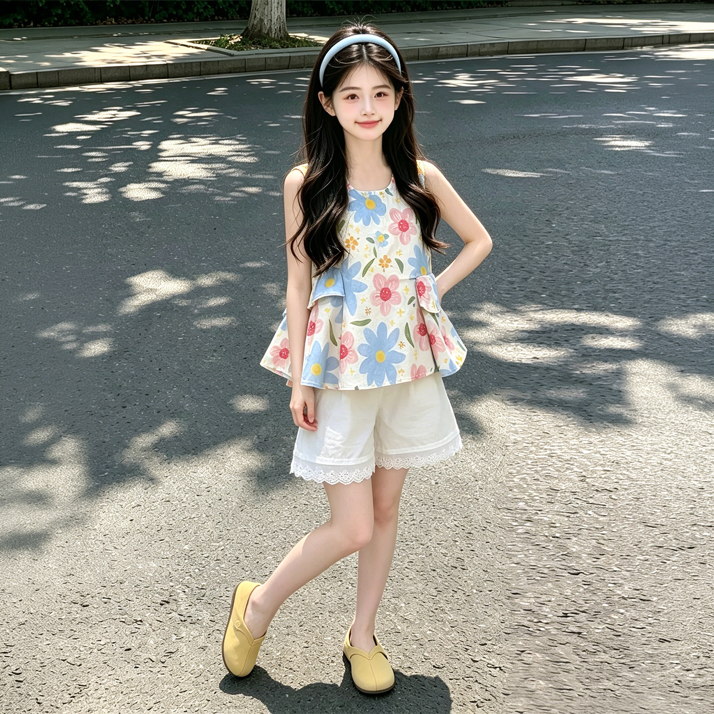 女童夏季碎花娃娃衫短裤两件套