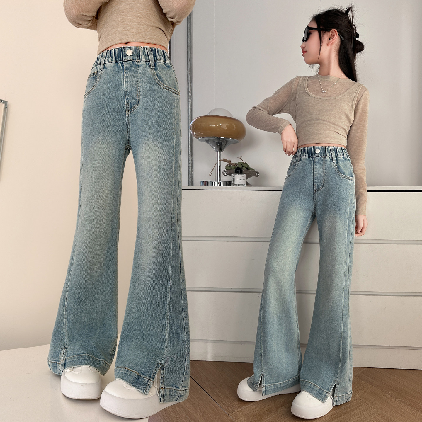 女童牛仔微喇开叉修身长裤春秋